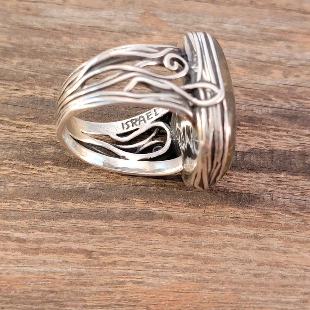 Sterling Paz Israel Labradorite Rextangle Bezel Set Organic Swirl Statement Ring - Picture 8 of 14